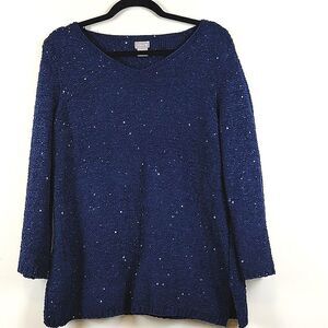 Chico's Sequined Blue V-neck Long Sleeve Knit Sweater Tunic Top Size M